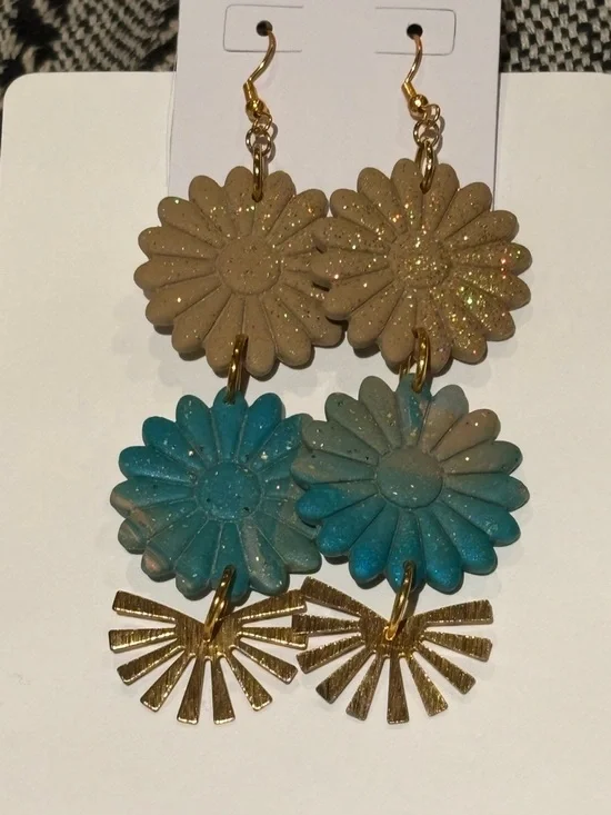 Gold and Blue Floral Dangle Earrings - Picture 3 of 4
